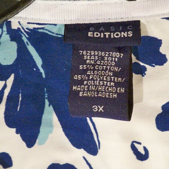 Basic Editions, Blue Floral Sleeveless Button Up Shirt, 3X - Picture 3 of 4